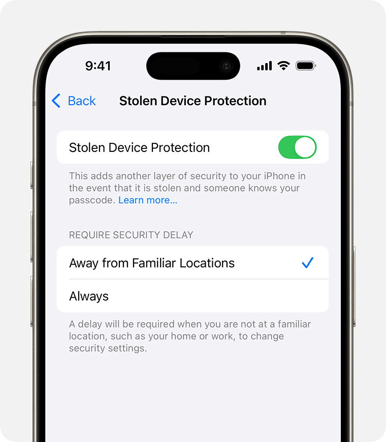 iOS Stolen Device Protection screen