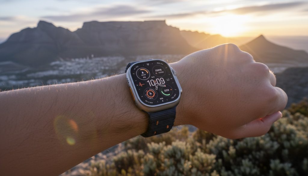 Apple Watch Ultra 3 on wrist with backdrop of Table Mountain South Africa
