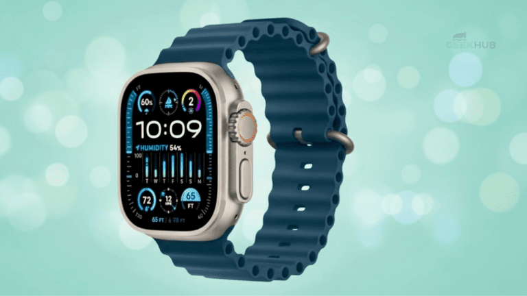 Apple Watch Ultra with Ocean strap on a mint green background