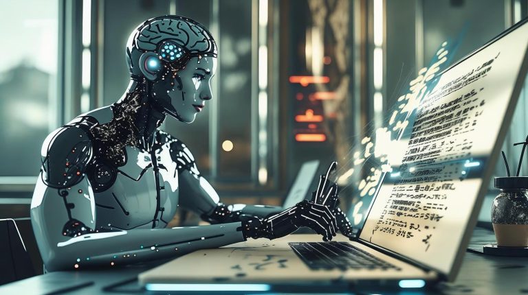 AI Robot writing on a computer