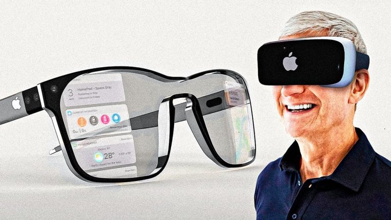Apple CE) Time Cook Wearing Apple Viison Pro With Rumoured Apple Glasses in Background
