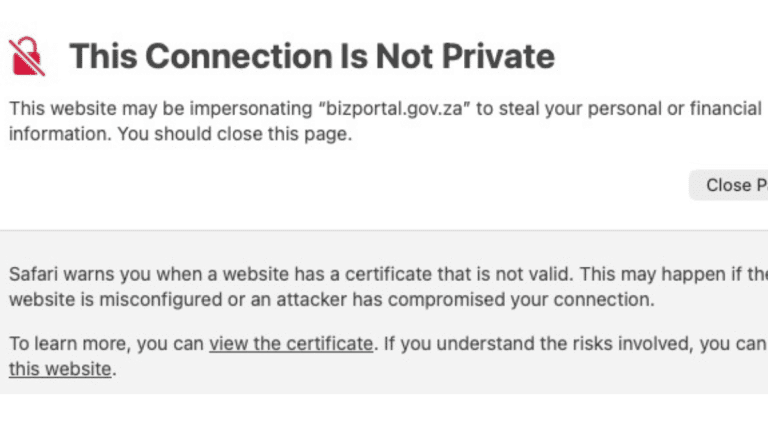 Screenshot Of Bizportal security warning
