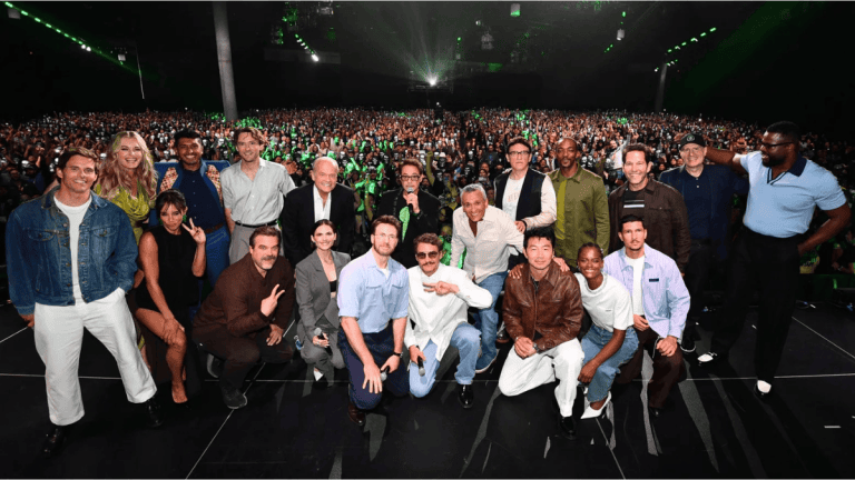 Marvel Studios hosts its Avengers: Doomsday Hall H panel at San Diego Comic-Con featuring Robert Downey Jr. and the Russo Brothers.
