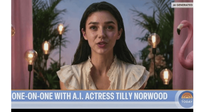 AI-generated actor Tilly Norwood appearing during a video interview