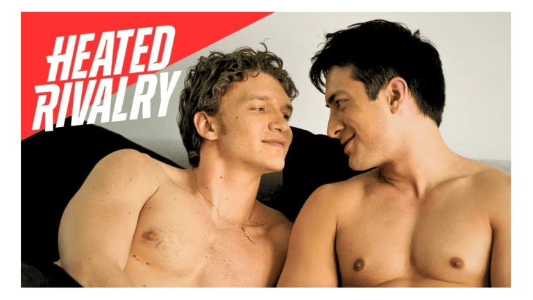Hudson Williams and Connor Storrie as Shane and Ilya in Heated Rivalry